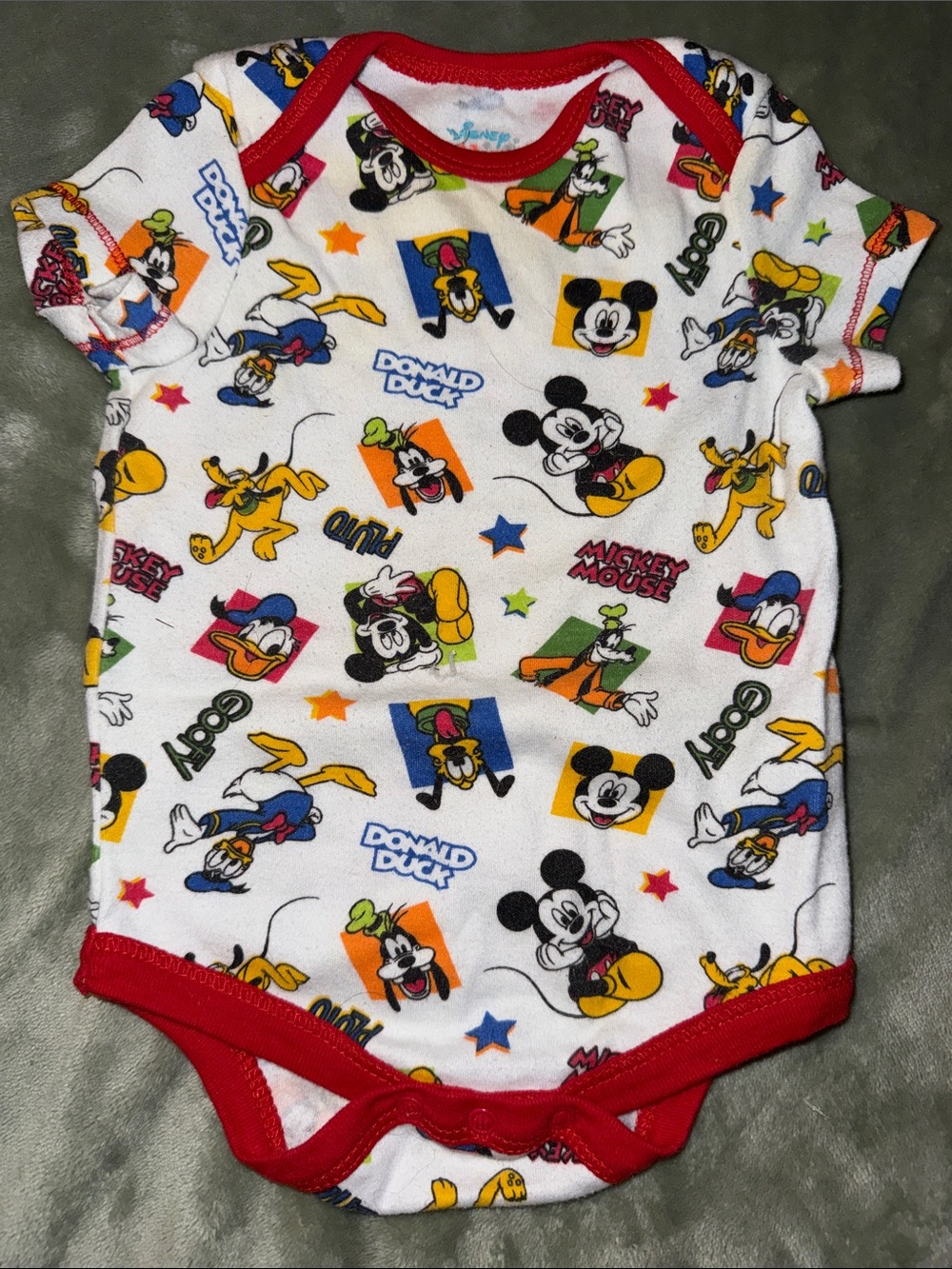 🍄3-6m Vintage Disney Characters Red-Trim Cotton Baby One-Piece